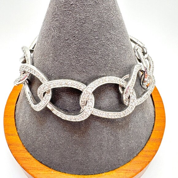 VTG Sterling Silver 925 Cubic Zirconia Oval Link Chain Bracelet Size 7.5" Length - Picture 1 of 10